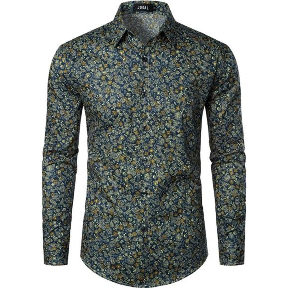 Mens Floral Dress Shirt Long Sleeve Printed Navy Yellow - Picture 1 of 7